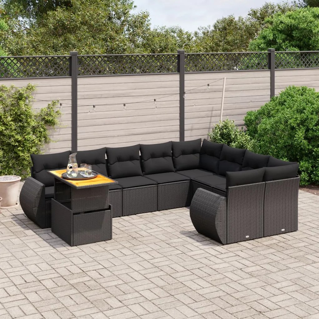 Set divani da giardino 10pz con cuscini in polyrattan nero