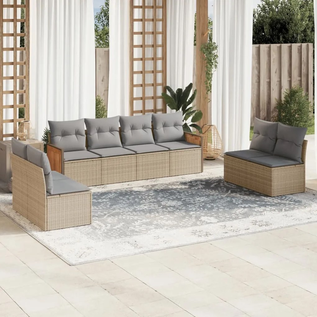 Set divano da giardino 8 pz con cuscini beige in polyrattan