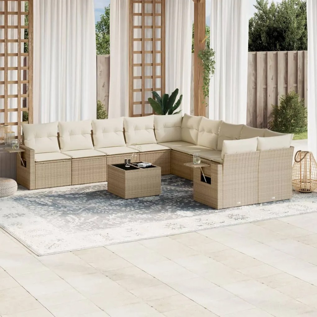 Set Divani da Giardino 11 pz con Cuscini Beige in Polyrattan