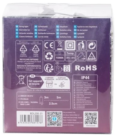 Aigostar - Catena LED natalizia da esterno 200xLED/8 funzioni 8m IP44 bianco freddo