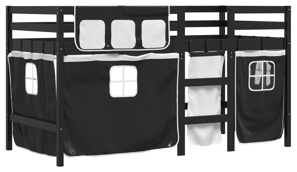 Letto a soppalco bambini con tende bianco e nero 90x190 cm pino