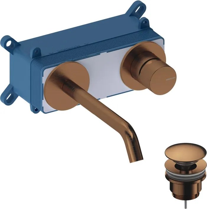 Rubinetto per lavabo Loop k monocomando a parete per lavabo bocca 18cm + corpo incasso + piletta di scarico rose gold brushed