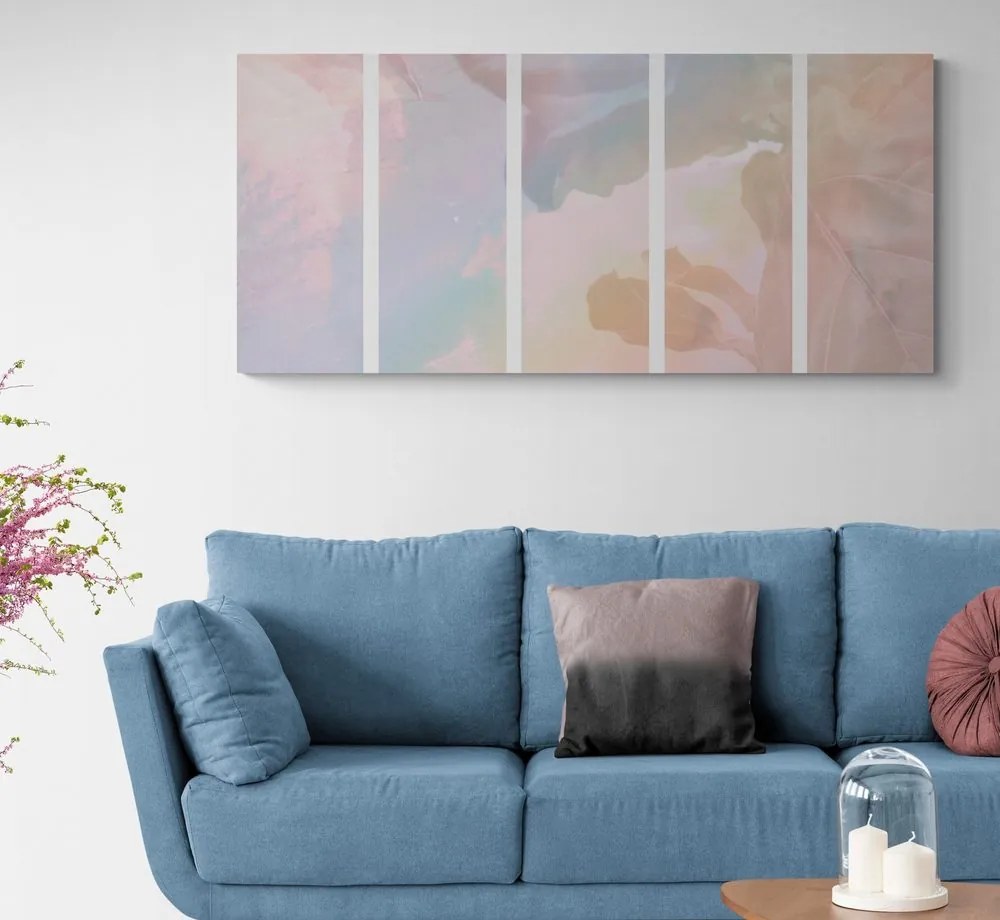 Quadri 5 pezzi – Riflesso di foglie pastello
