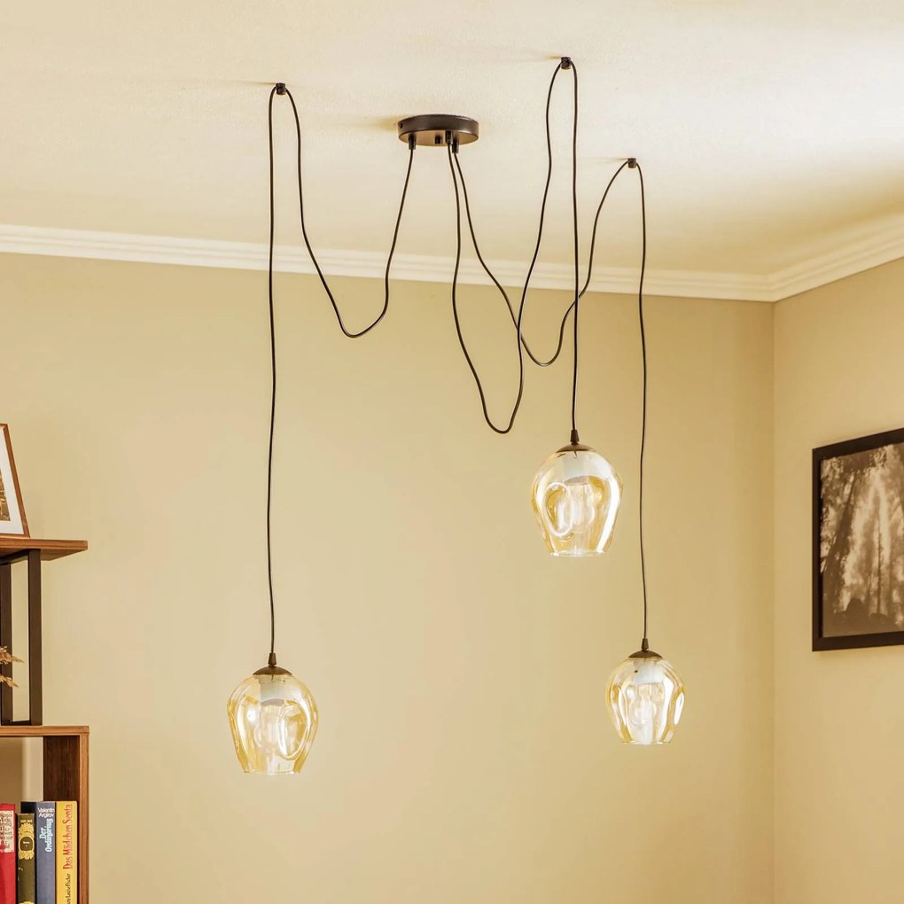 EMIBIG LIGHTING Lampada a sospensione Starla, vetro ambra, a 3 luci decentrata