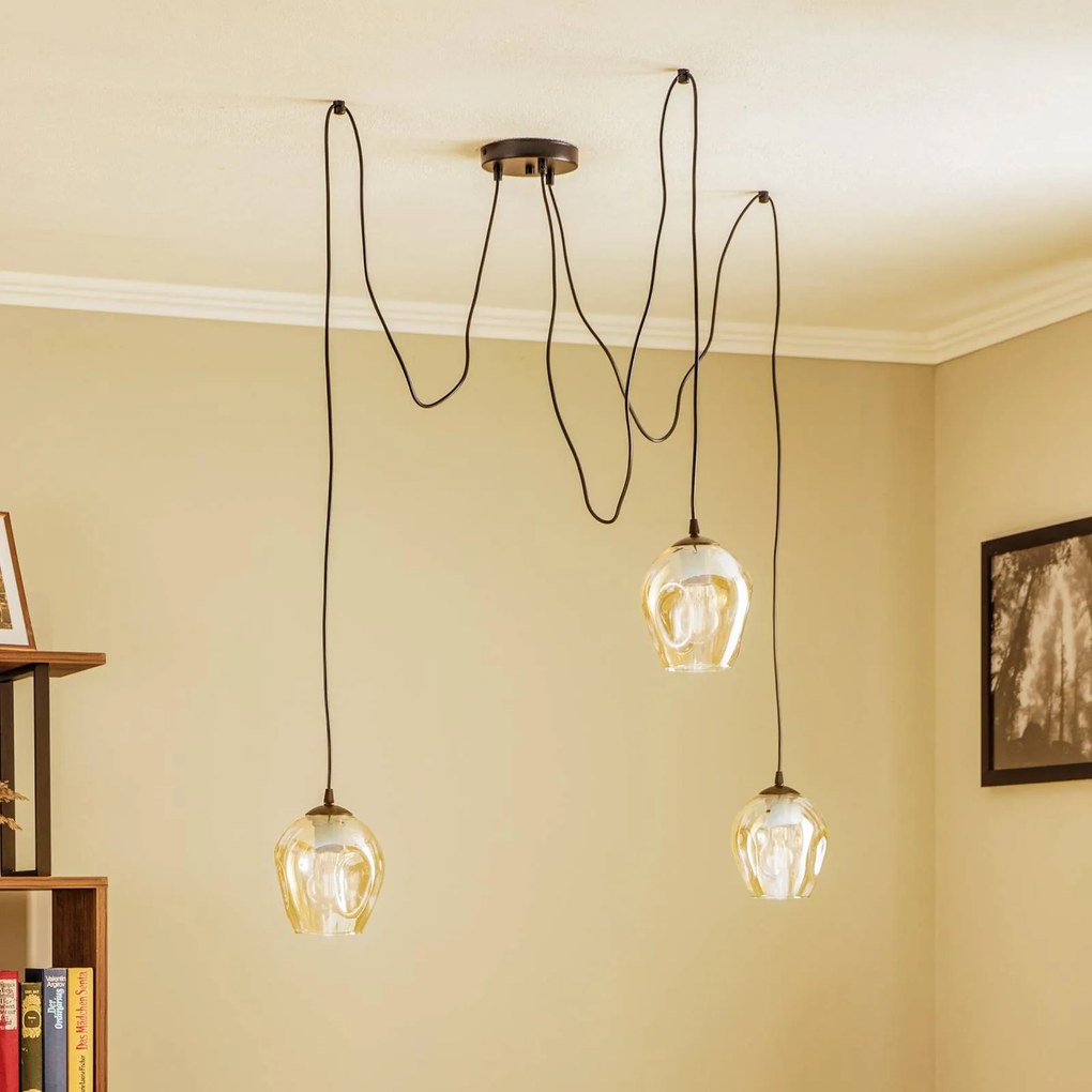 EMIBIG LIGHTING Lampada a sospensione Starla, vetro ambrato, a 3 luci decentrata