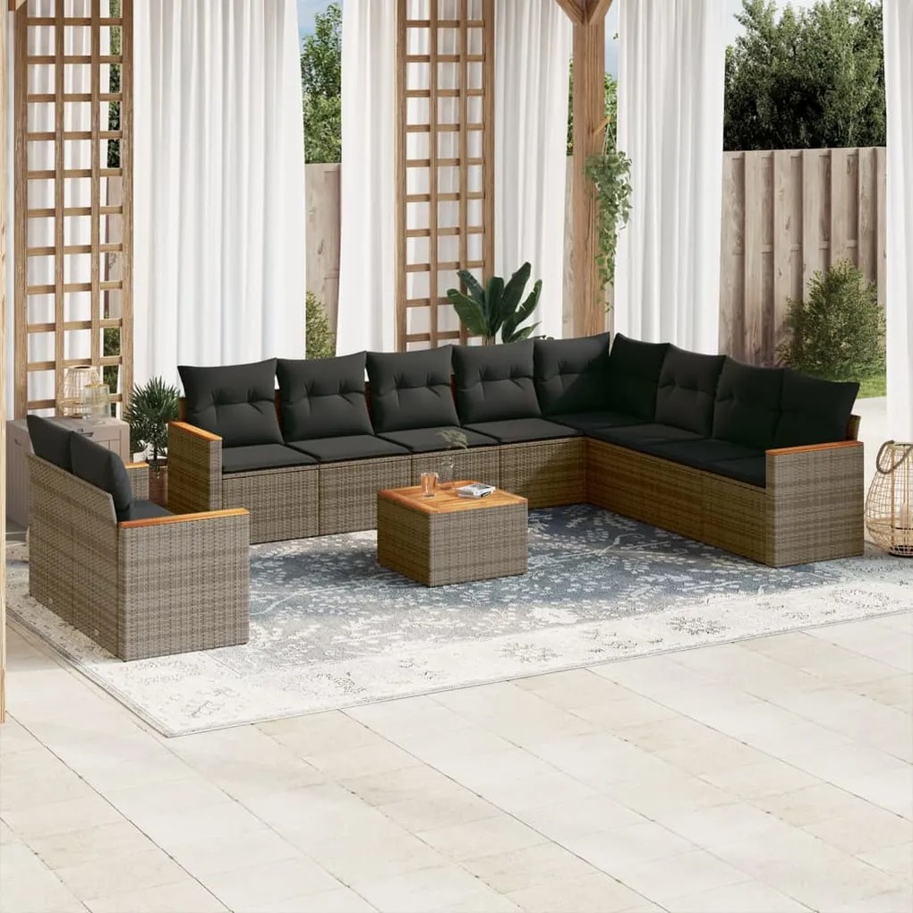 Set divani da giardino 11 pz con cuscini in polyrattan grigio