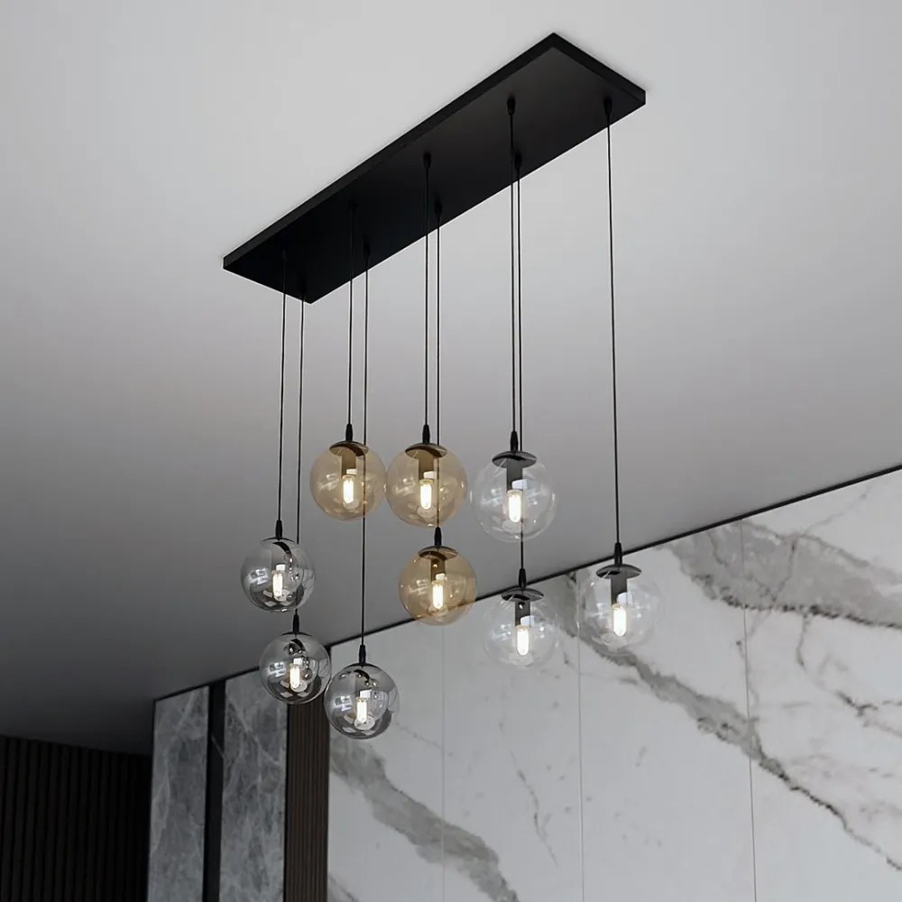 Lampadario a Sospensione in Acciaio e Vetro COSMO 9 Nero 9xE14 Colore delle Sfere Grafite, Trasparente, Ambrata