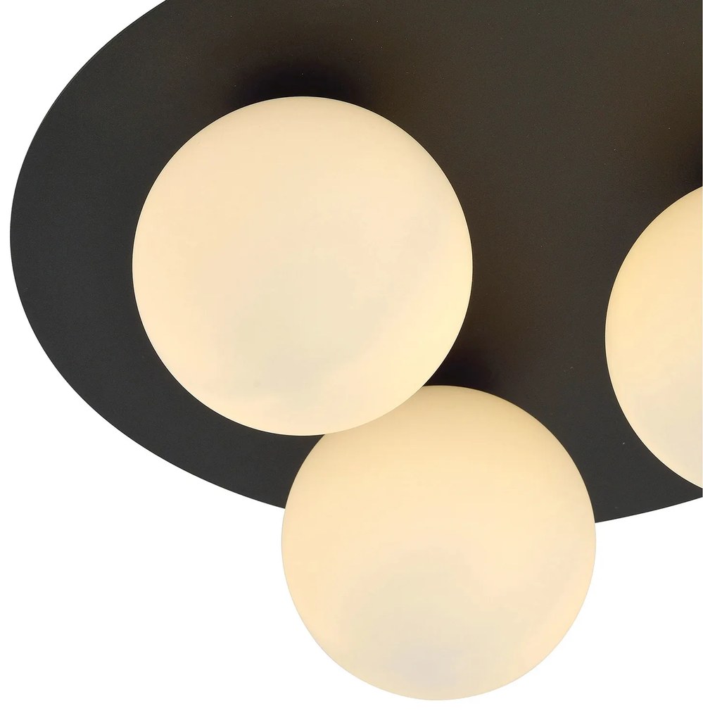 Plafoniera Minimal 3 Luci Mnemosine In Acciaio Nero E Sfere Di Vetro Opale