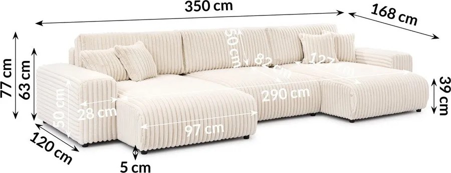 Divano angolare color crema allungabile/con contenitore (a U) rivestito in velluto a coste Sarina – Ropez