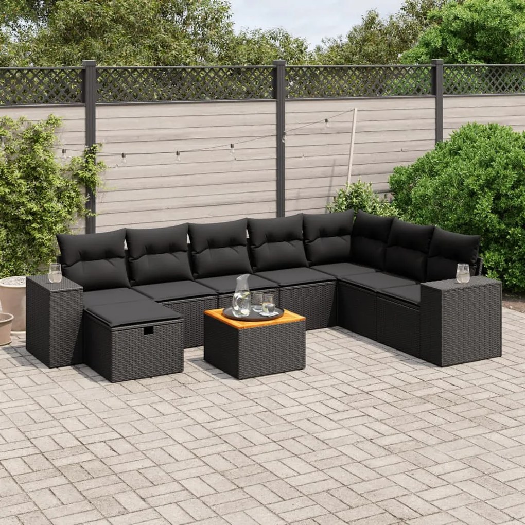 Set Divani da Giardino 9 pz con Cuscini Nero in Polyrattan