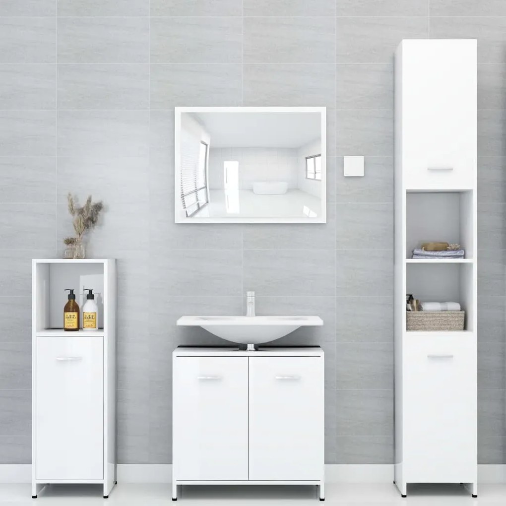 Set mobili da bagno 4 pz bianco lucido in truciolato