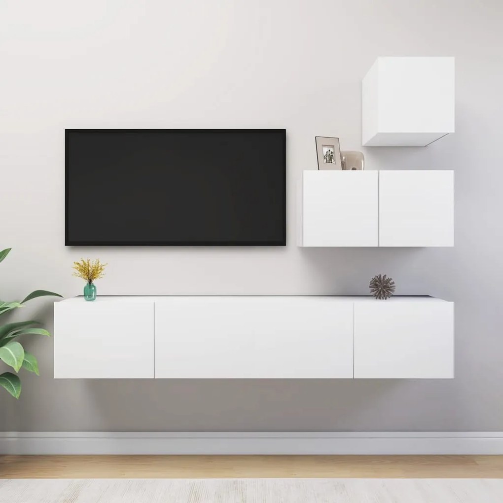Set Mobili Porta Tv 4 Pz Bianco İn Legno Multistrato /