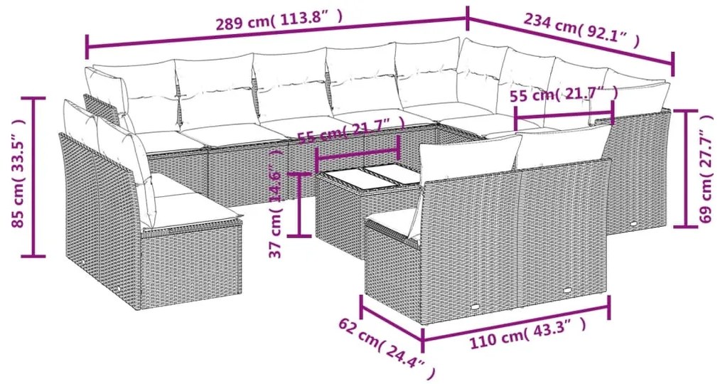 Set divani da giardino 13pz con cuscini nero in polyrattan