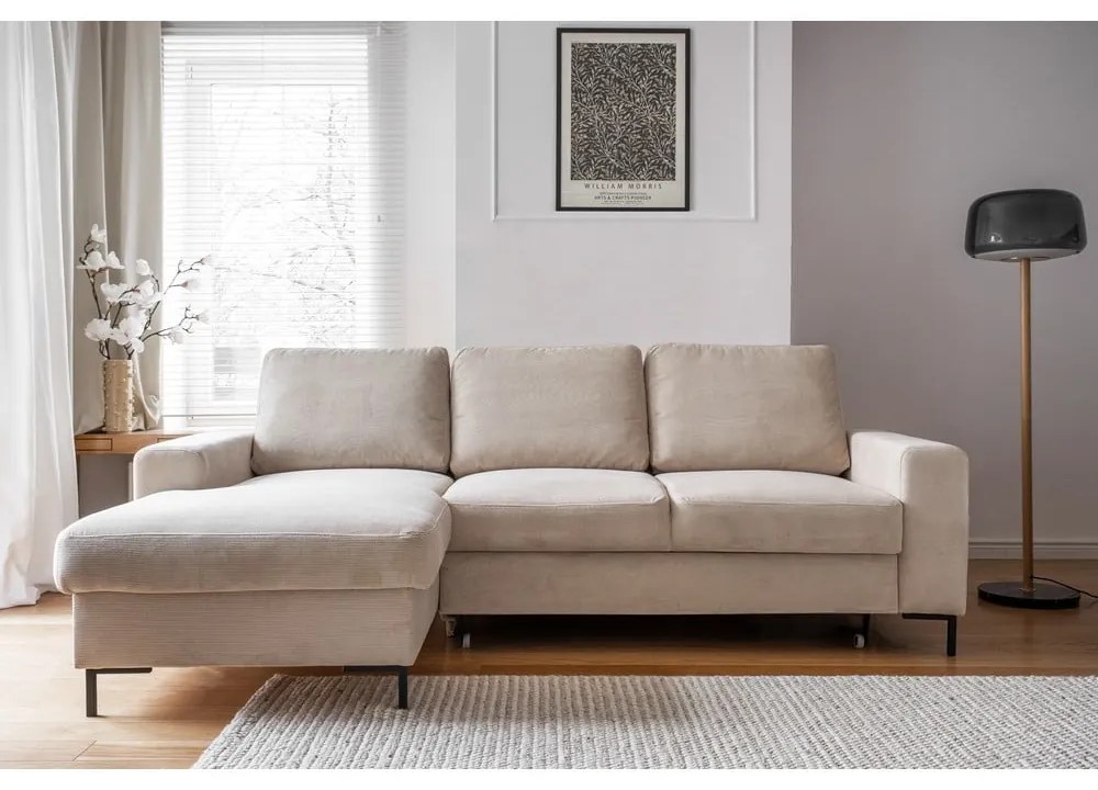 Divano letto in velluto a coste beige (angolo sinistro) Lofty Lilly - Miuform