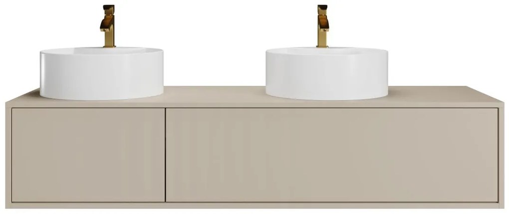 Mobile bagno sospeso color beige con doppio lavabo rotondo - L150 cm - ISAURE II