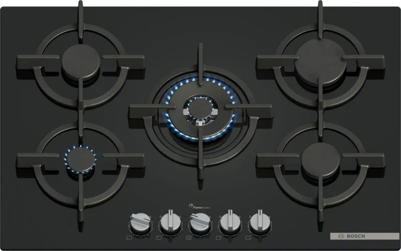 Bosch - Serie 6 PPQ7A6I15 Piano cottura a gas 75 cm 5 fuochi Vetro Nero. Colore del prodotto: Nero, Posizionamento dell'apparecchio: Da incasso,