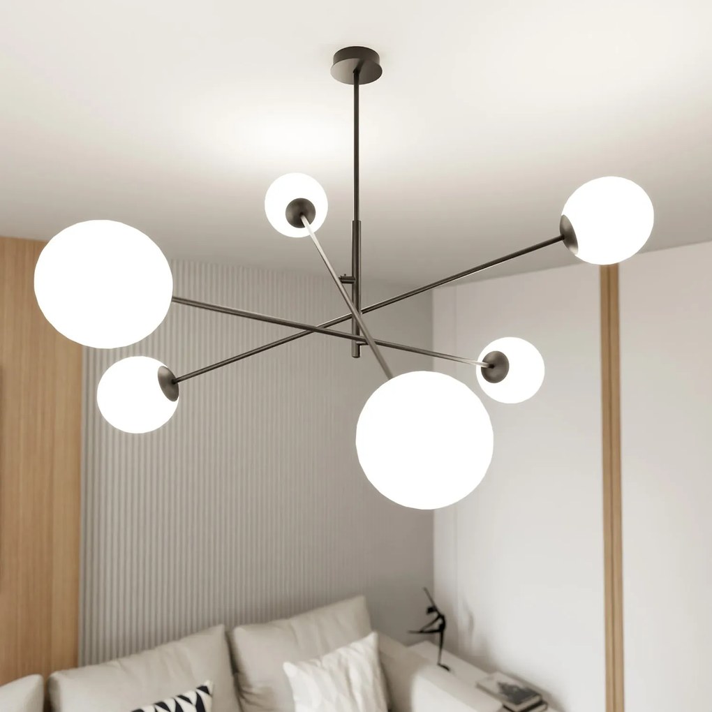 Lampadario 6 Luci Yama In Acciao Nero Con Bracci Regolabili E Vetro Opale