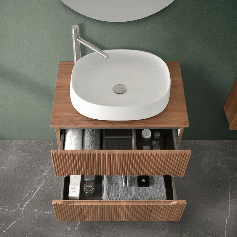 Mobile bagno sospeso cannettato 70 cm noce con top e specchio Bali
