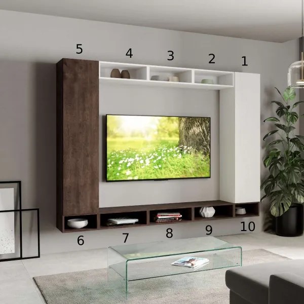 Parete per soggiorno A107 L.260 H.194 P.39,5 Noce e Bianco