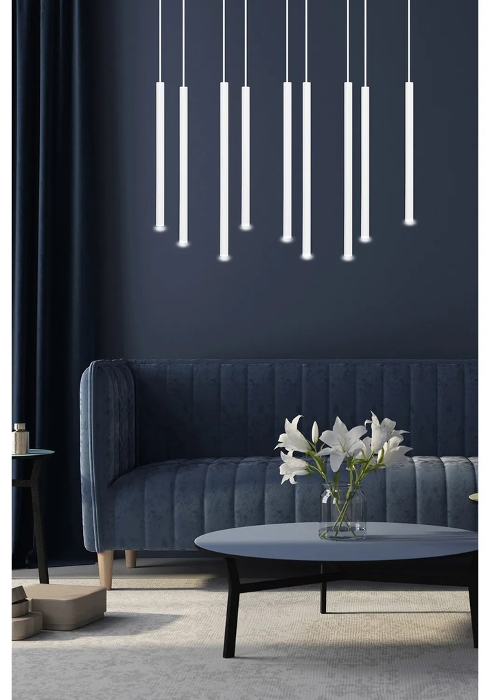 Lampadario 9 Luci Moderno Shu Acciaio Bianco E Paralumi A Cilindri Sottili