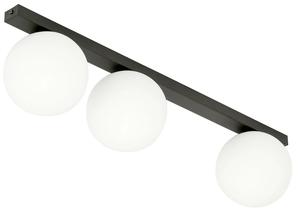 Plafoniera Moderna 3 Luci Giapeto Barra In Acciaio Nero E Sfere Di Vetro Opale