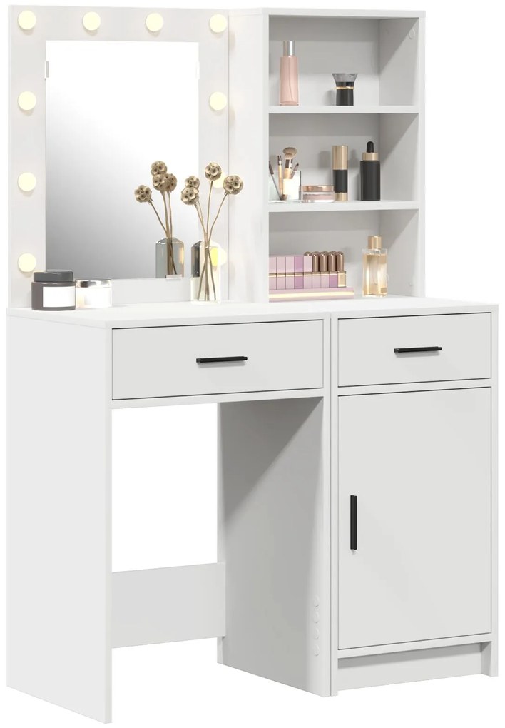 Set da due pezzi per tavolo da trucco con led in legno bianco