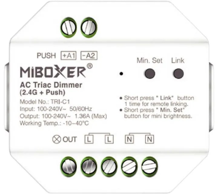 Dimmer da Pulsante Push e Telecomando TRIAC, 230Vac, 300W, RF Protocollo di Funzionamento Dimmer da Pulsante TRIAC AC RF
