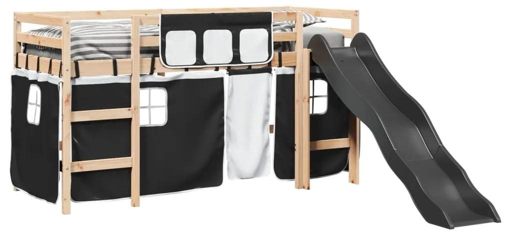 Letto a soppalco con tende bambini bianco e nero 90x200 cm pino