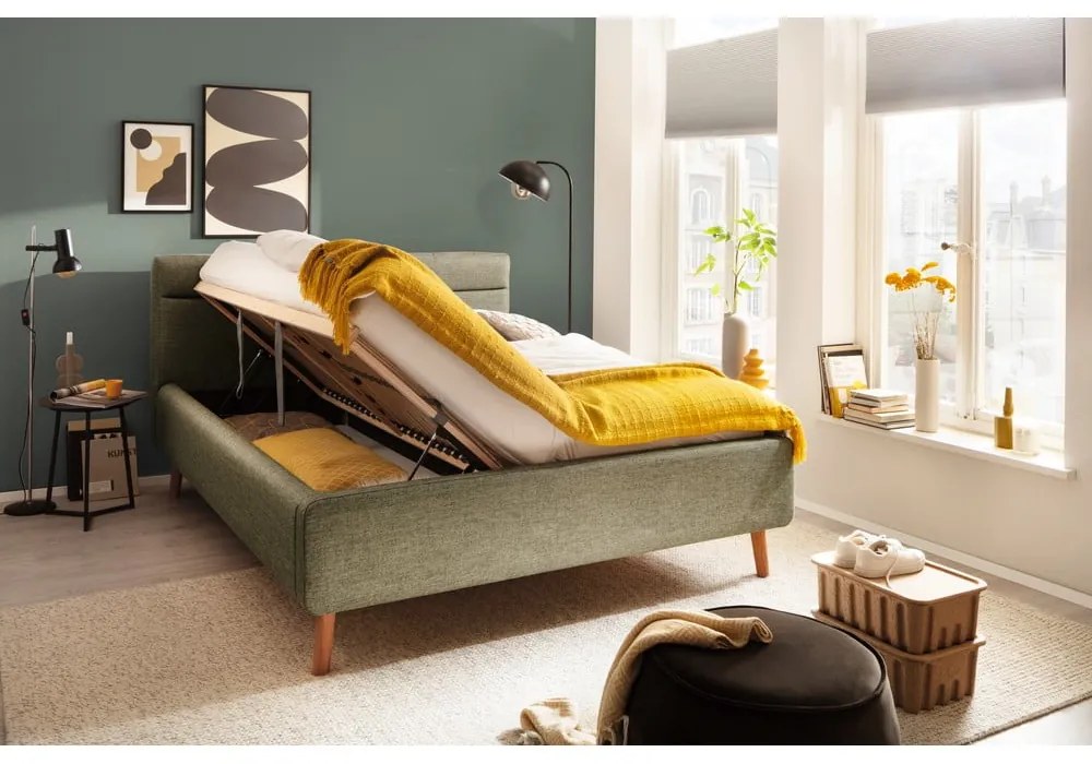 Letto matrimoniale imbottito verde con contenitore con rete inclusa 180x200 cm Lotte – Meise Möbel