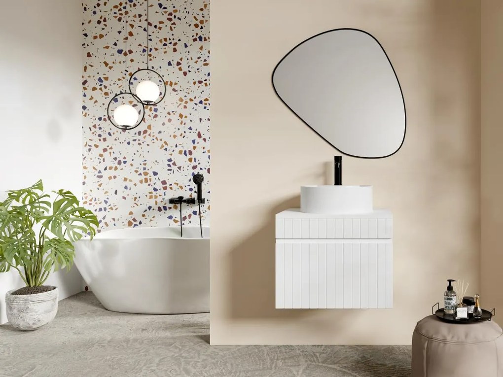 Mobile per bagno sospeso scanalato con lavabo tonda da appoggio 60 cm Bianco - SATARA
