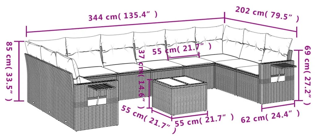 Set Divani da Giardino 11 pz con Cuscini in Polyrattan Grigio