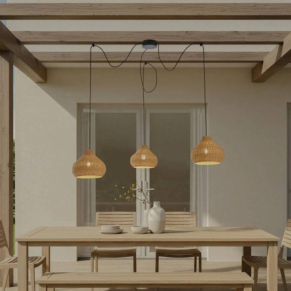 Lucande lampada a sospensione da esterno Taniola, 3 luci, beige, rattan, IP44 Taniola Lucande, dimmerabile, Legno chiaro, Legno, Campagna / Rustiche