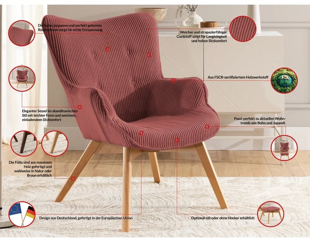 Poltrona rossa con rivestimento in velluto a coste Niko – Ropez