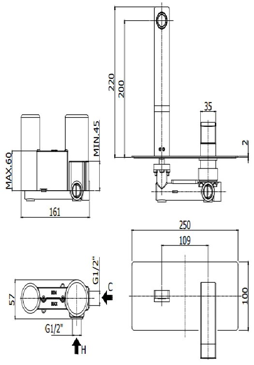 Paffoni Les104cr Miscelatore lavabo Incasso 2 Fori Con bocca 15 cm Piastra Rettangolare Cromo