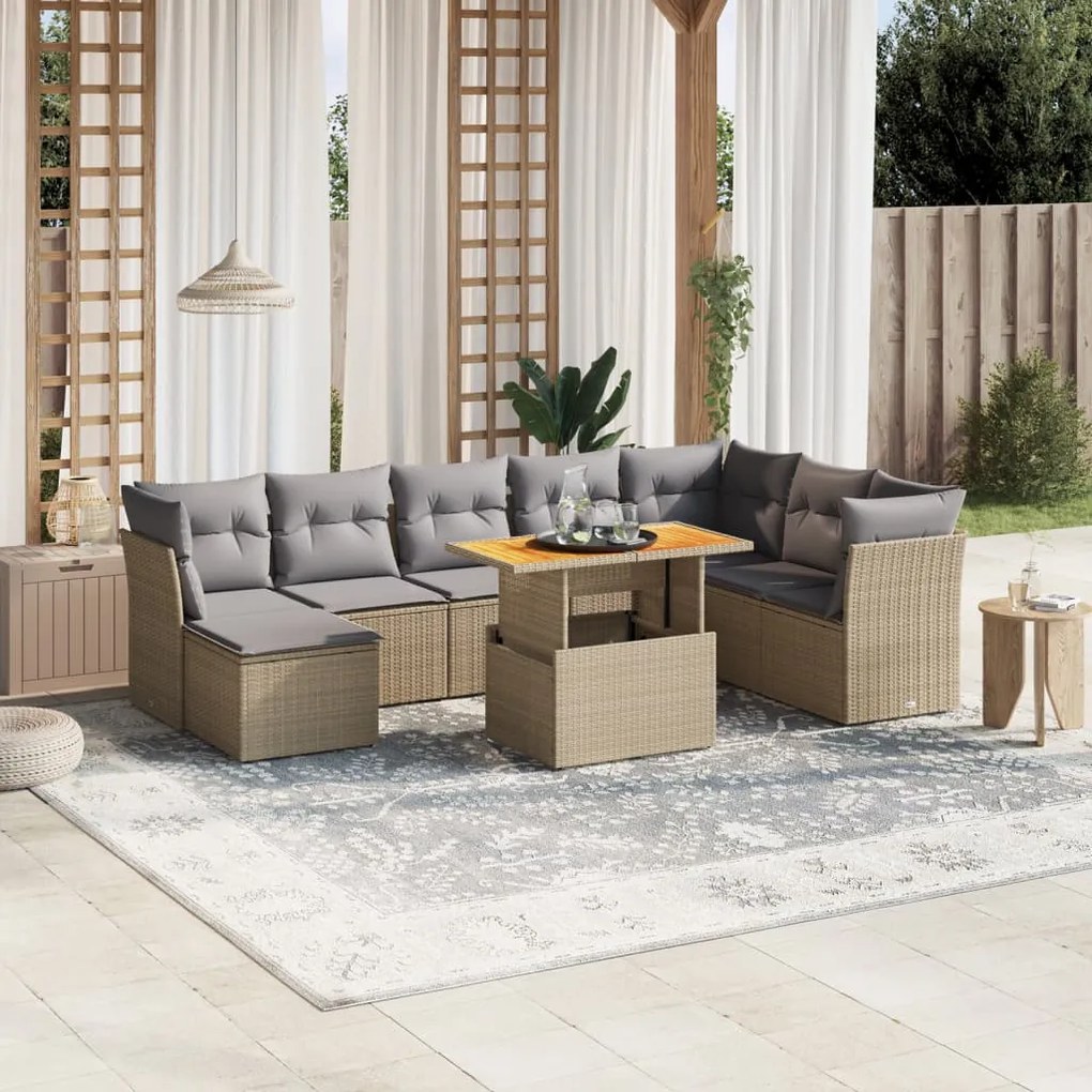 Set divano da giardino 9 pz con cuscini beige in polyrattan