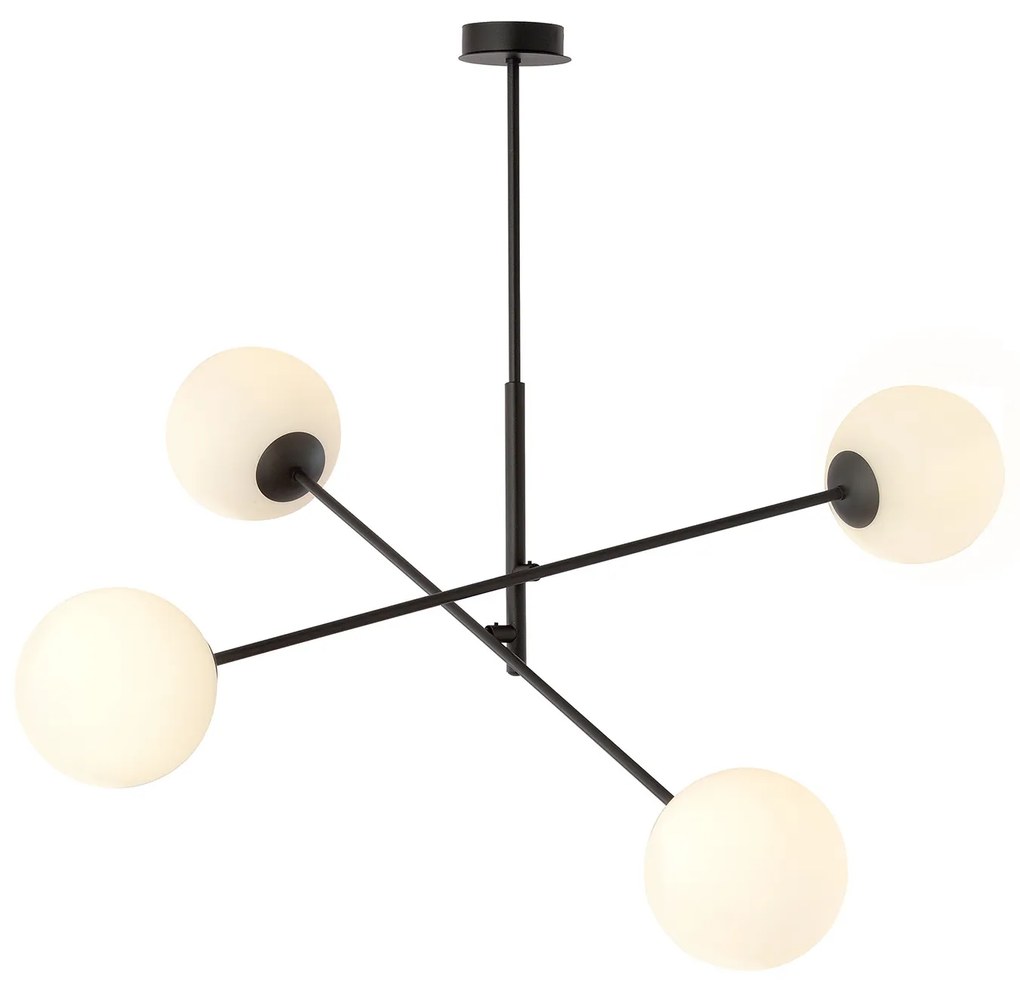 Lampadario 4 Luci Yama In Acciao Nero Con Bracci Regolabili E Vetro Opale