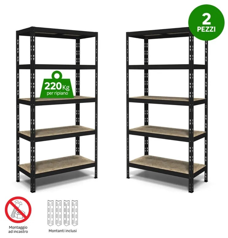 Set di 2 scaffali 5 ripiani POWERFUL L 100 x P 40 x H 180 cm nero, portata per ripiano 220 kg