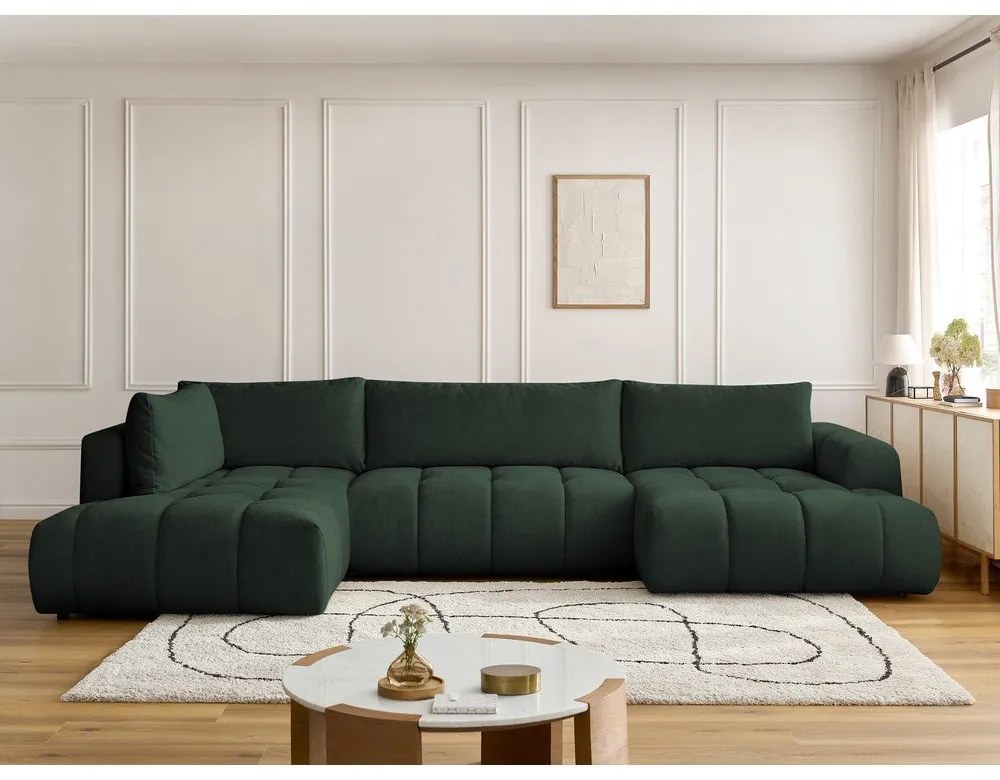 Divano angolare verde allungabile e con contenitore (penisola a sinistra/a U) con rivestimento in ciniglia Fuji – Bobochic Paris