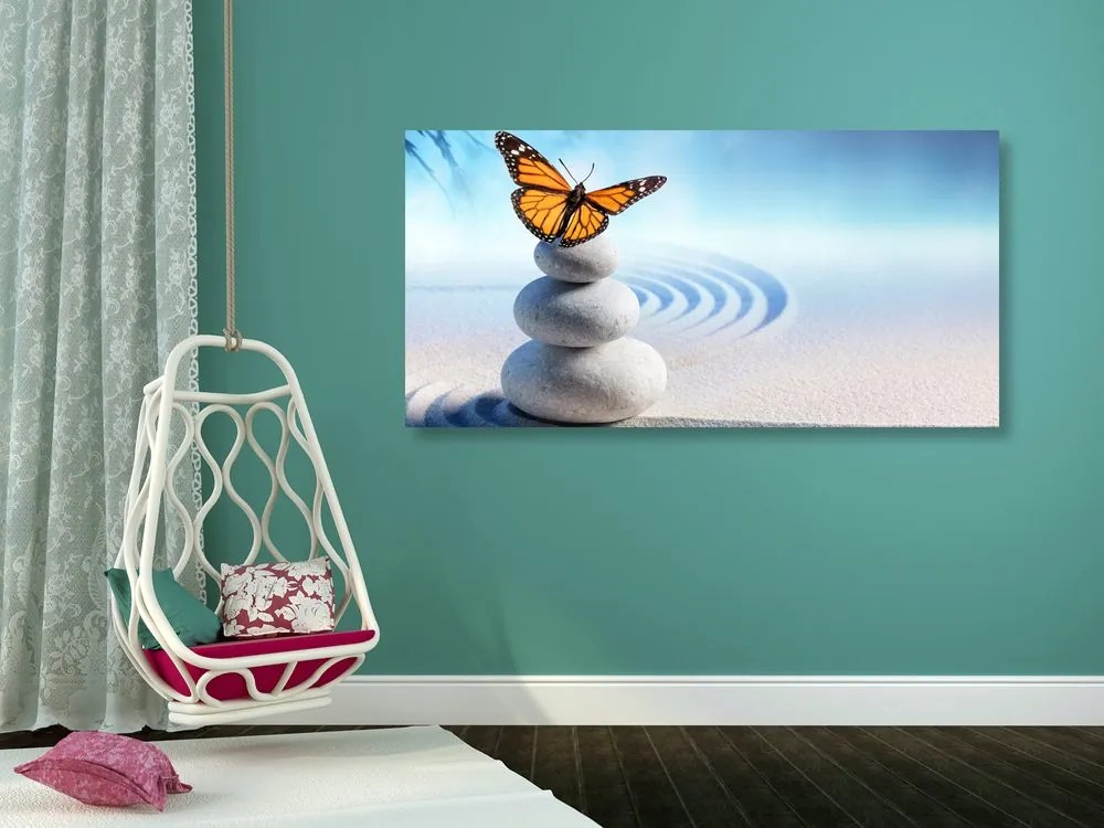 Quadro su tela – Equilibrio di pietre e farfalla