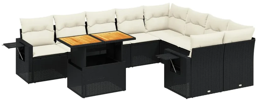 Set divani da giardino 10pz con cuscini in polyrattan nero