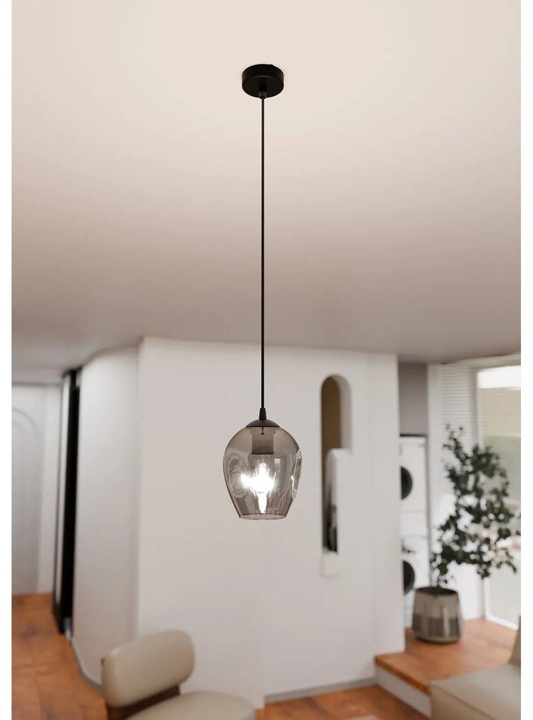 Sospensione 1 Luce Fuxi In Acciaio Nero E Vetro Fumè