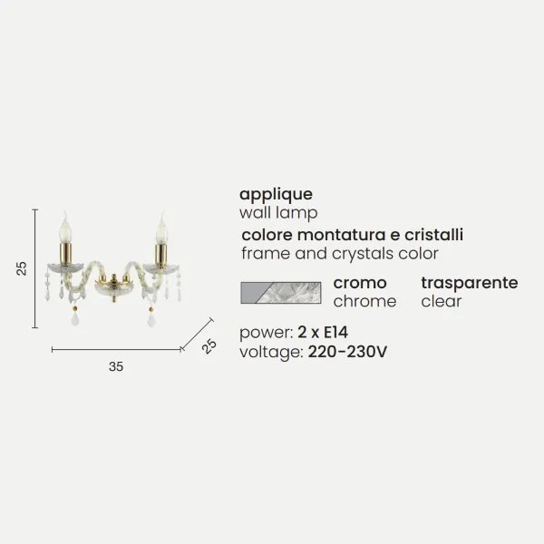 Lampadario applique in cristallo DALLAS a 2 luci CROMO