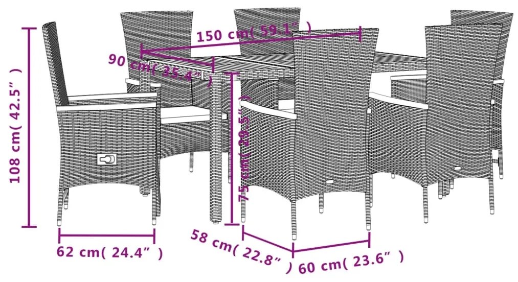 Set da pranzo da giardino 7 pz nero con cuscini in polyrattan