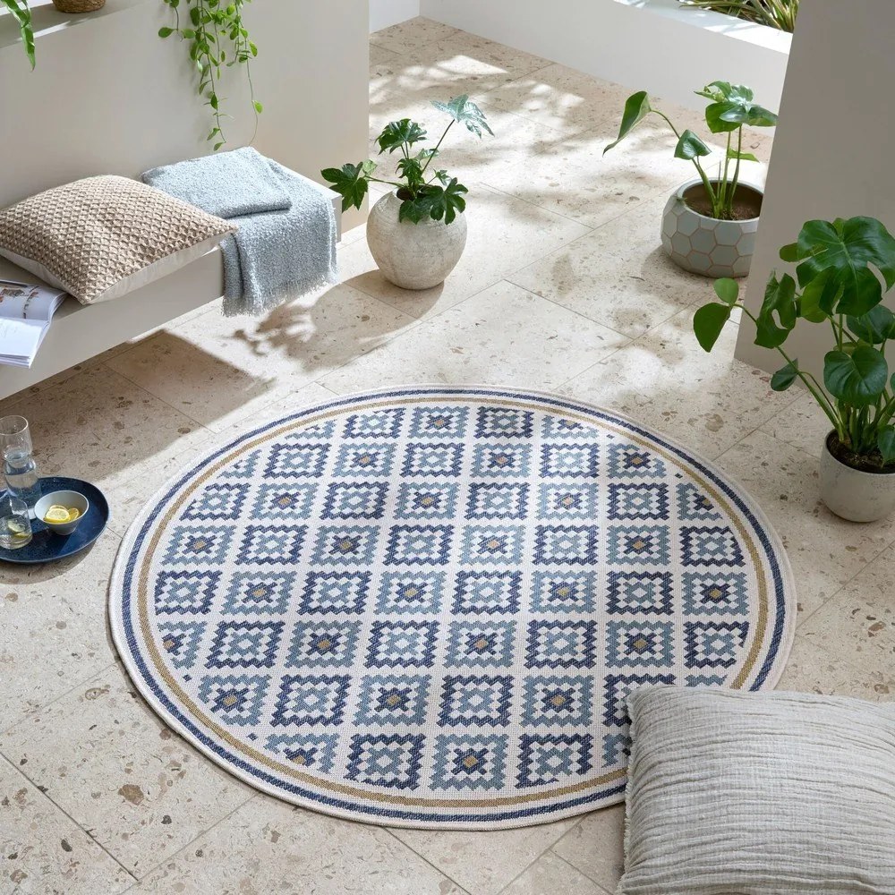 Tappeto da interno e esterno rotondo giallo e blu ø 160 cm Zia Trellis – Flair Rugs