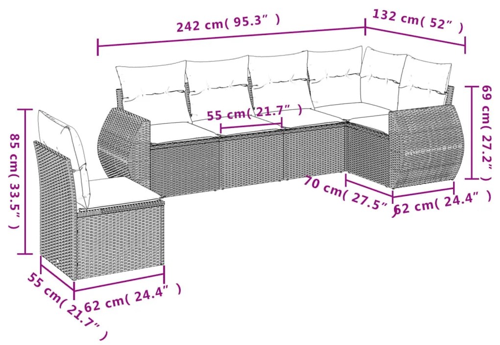 Set divano da giardino 6pz con cuscini grigio chiaro polyrattan