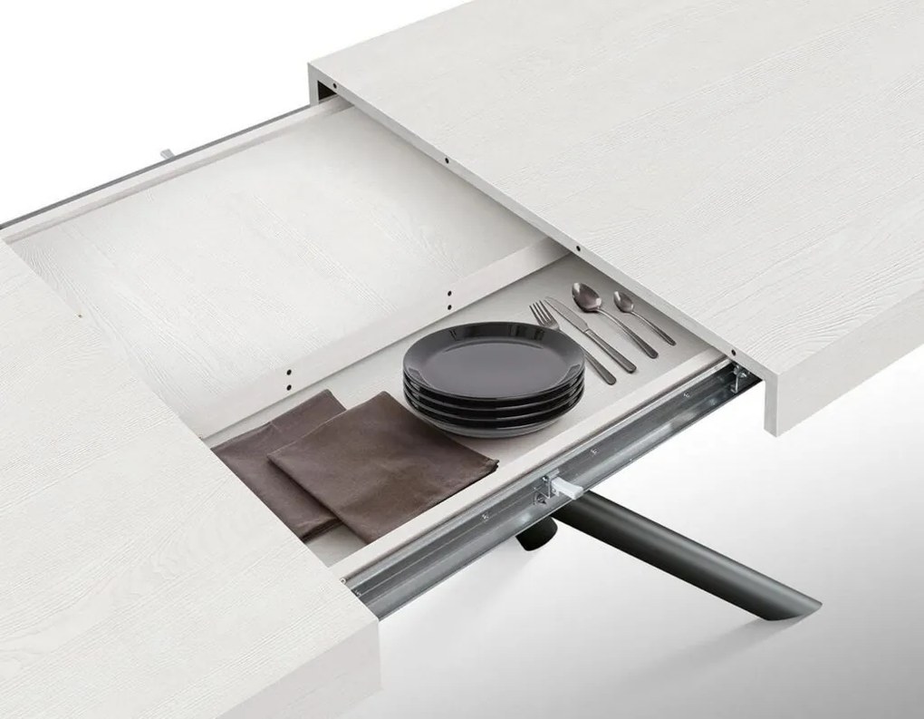 Tavolo CARRARA in legno, finitura bianco frassinato e base in metallo verniciato antracite, allungabile 160×90 cm – 240×90 cm