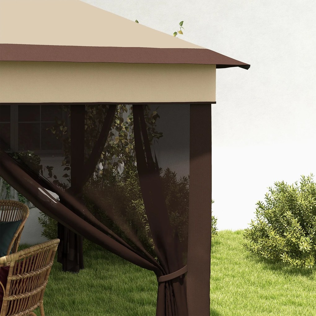 Gazebo Regolabile su 3 Livelli con Pareti Rimovibili 3x3m in Acciaio e tessuto Oxford Caffè e Beige...