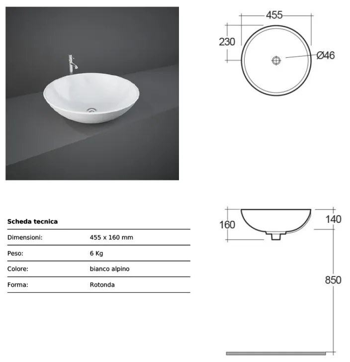 Lavabo da Appoggio tondo d. 45,5 x h. 16 cm Rak Diana in ceramica bianco lucido