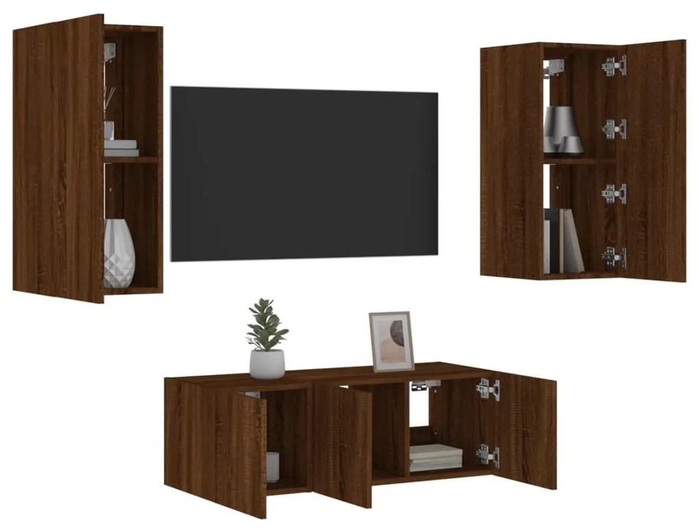 Mobili Tv A Muro Con Led 4pz Rovere Marrone Legno Multistrato /