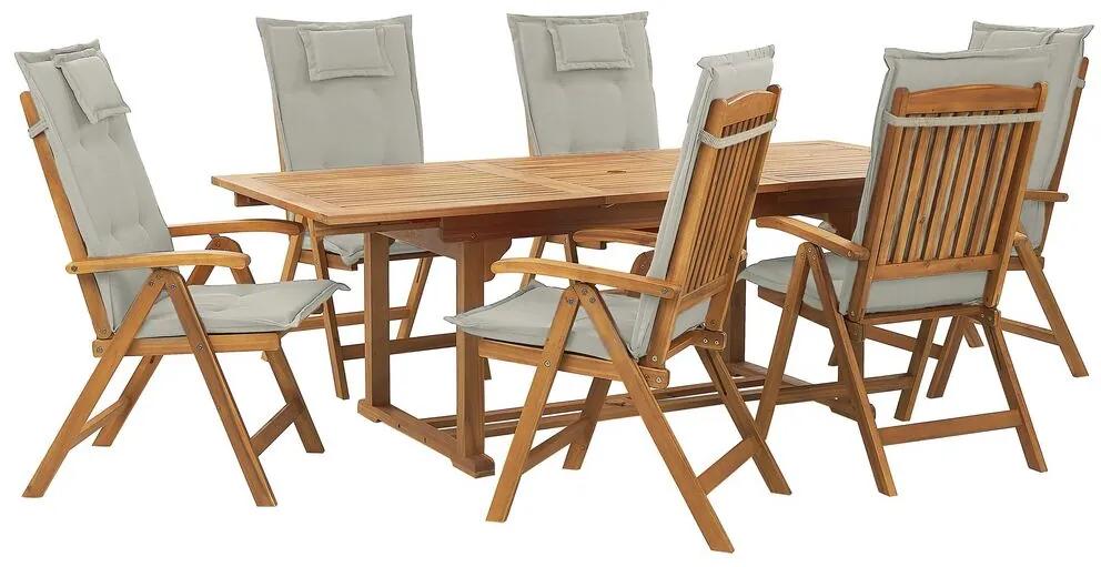 Set tavolo e 6 sedie in legno di acacia con cuscini grigio beige JAVA Beliani